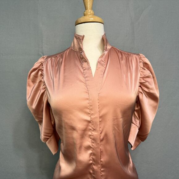 WHY Dress Womens Pink Satin Top Size S Puff Sleeve Feminine Button Timeless Luxe - Picture 2 of 5